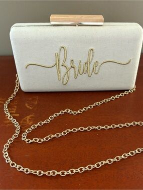 Shiraleah Linen “Bride" Embroidered Canvas Clutch Removable Shoulder strap